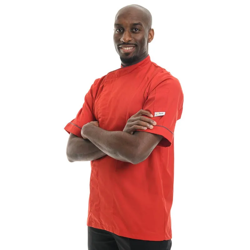 Red Large Short Sleeve or Long Sleeve Kitchen Coat with Gray Piping - MANELLI