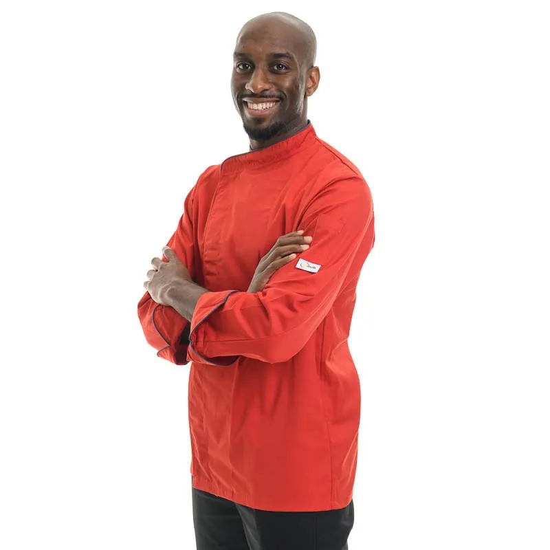 Red Large Short Sleeve or Long Sleeve Kitchen Coat with Gray Piping - MANELLI