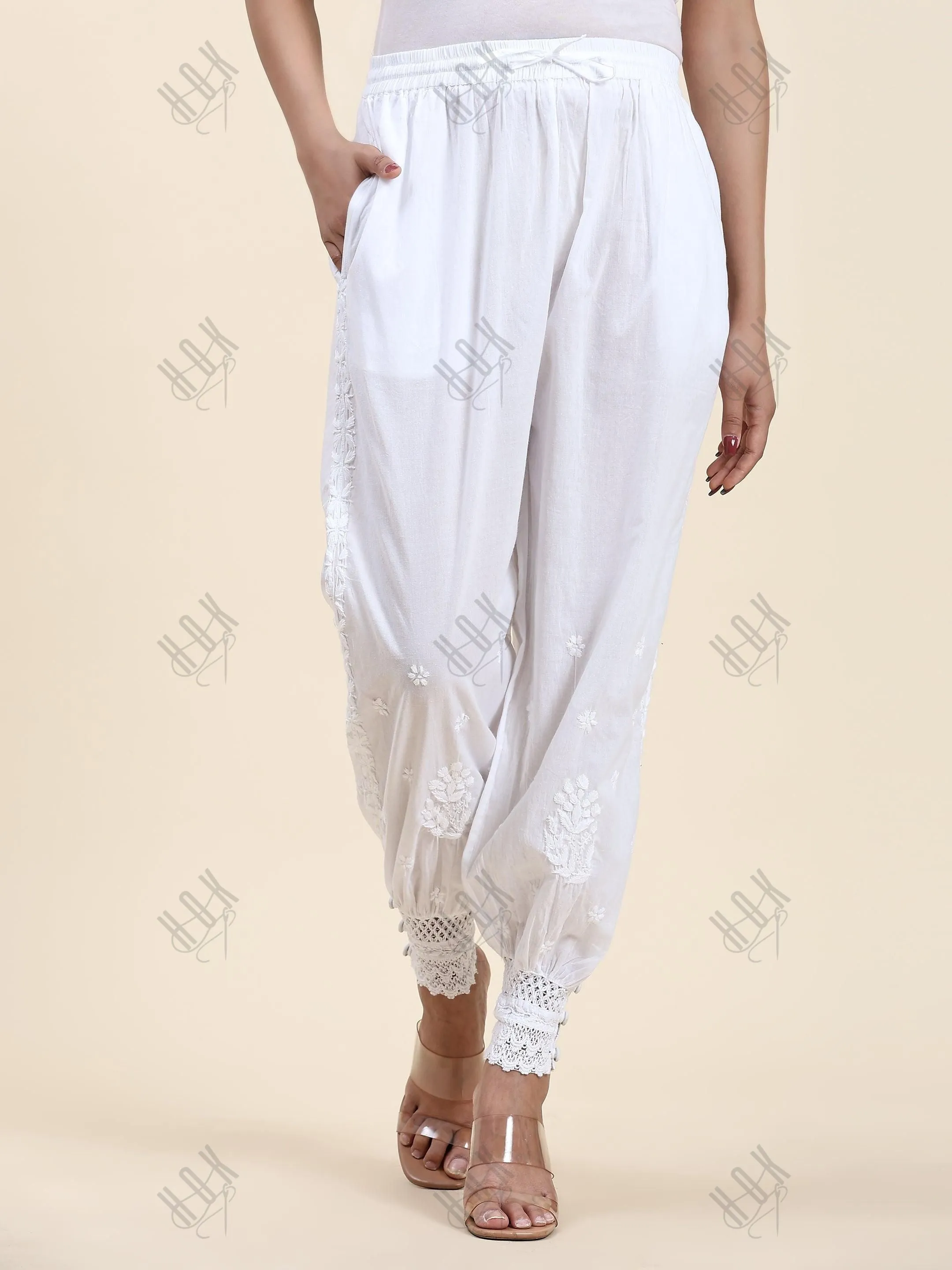 Samma House Of Kari Chikankari Embroidered Cotton White Relaxed Pants-13