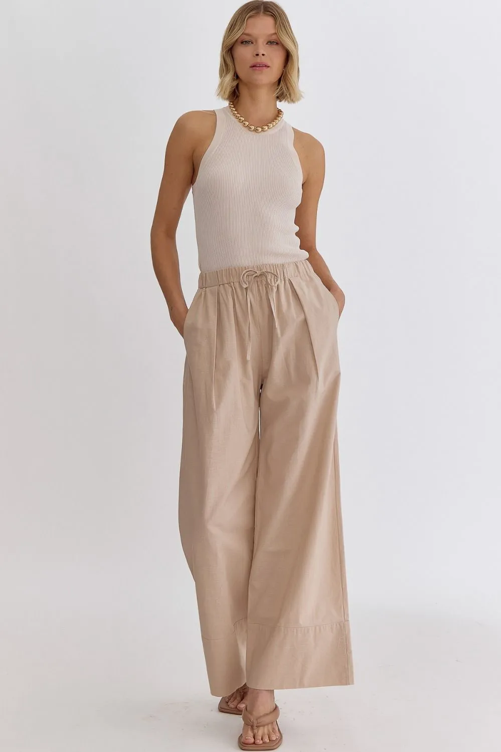 Solid High-Waisted Wide-Leg Linen Pants