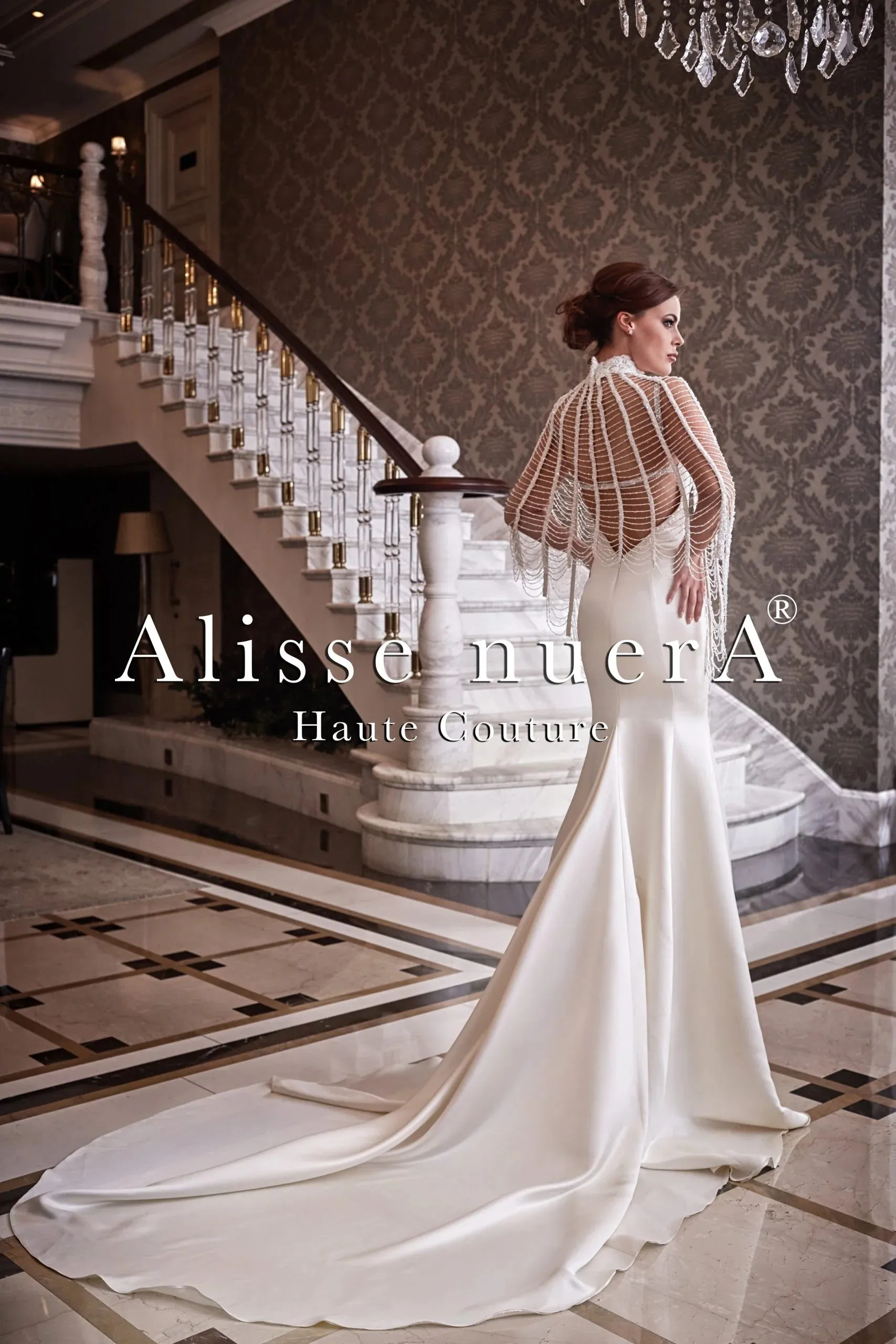Spaghetti Strap V Neck Satin Mermaid Wedding Dress with Sparkling Bridal Cape