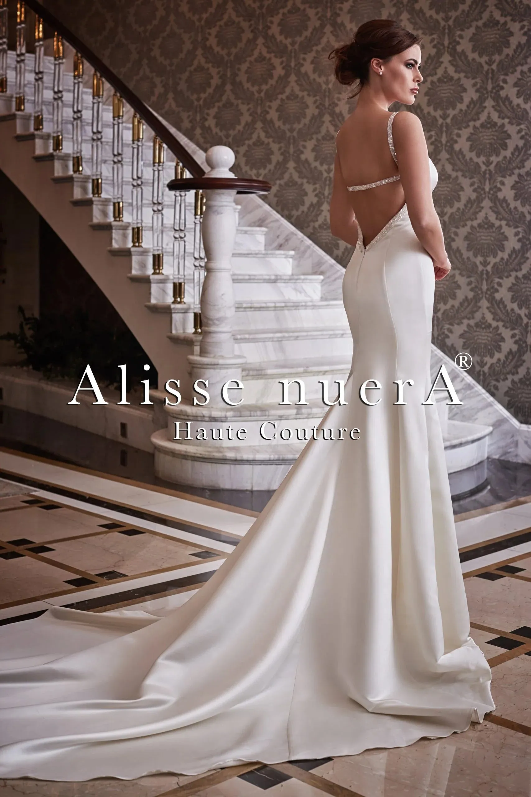Spaghetti Strap V Neck Satin Mermaid Wedding Dress with Sparkling Bridal Cape