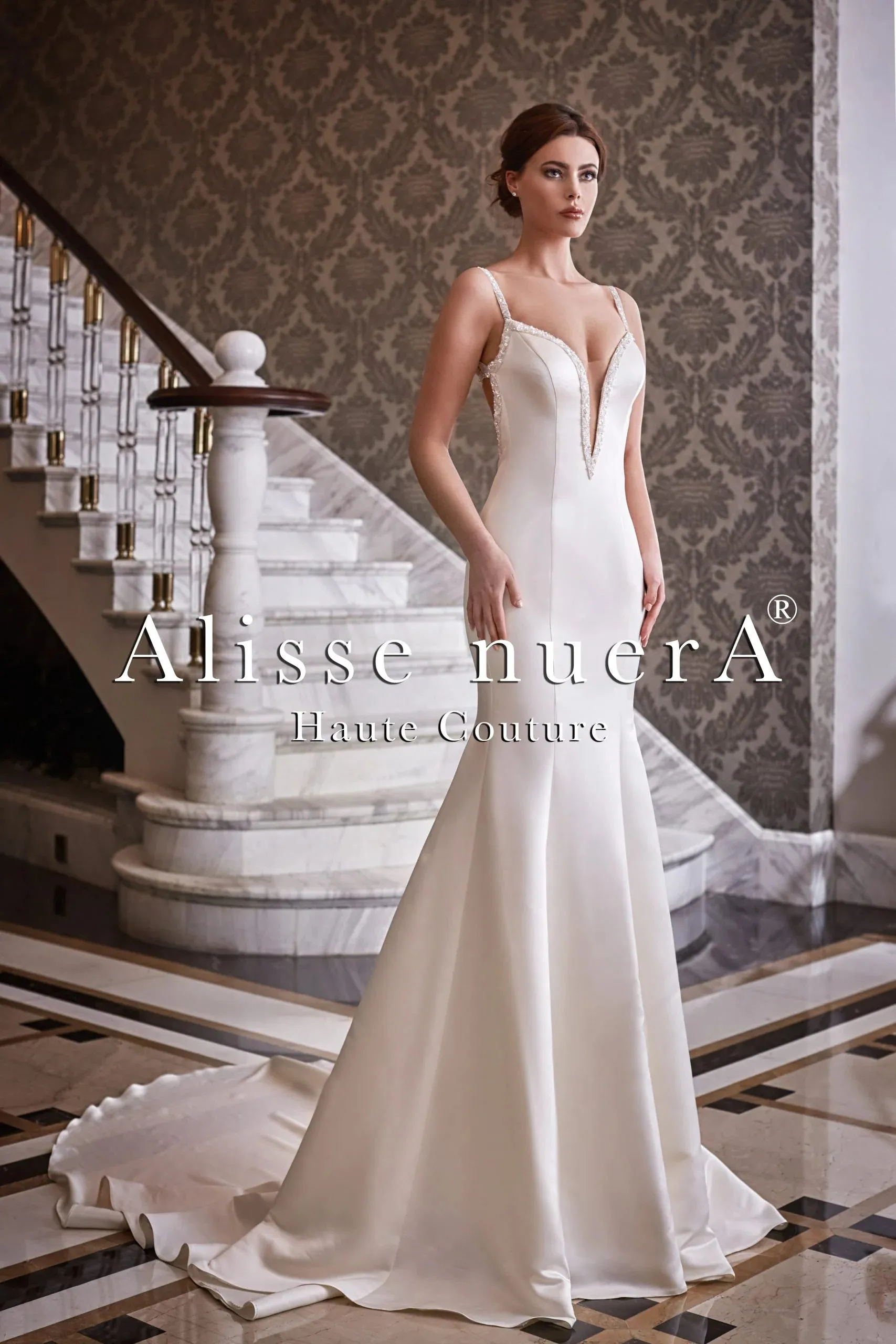 Spaghetti Strap V Neck Satin Mermaid Wedding Dress with Sparkling Bridal Cape