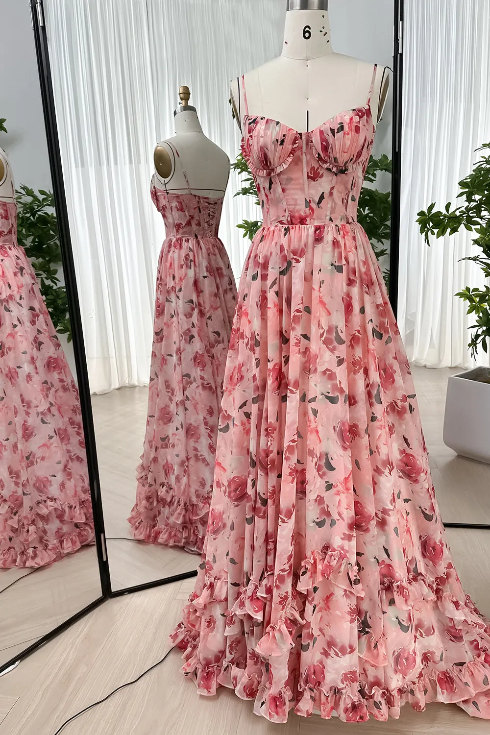 Spaghetti Straps Corset Floral Chiffon Dress with Slit