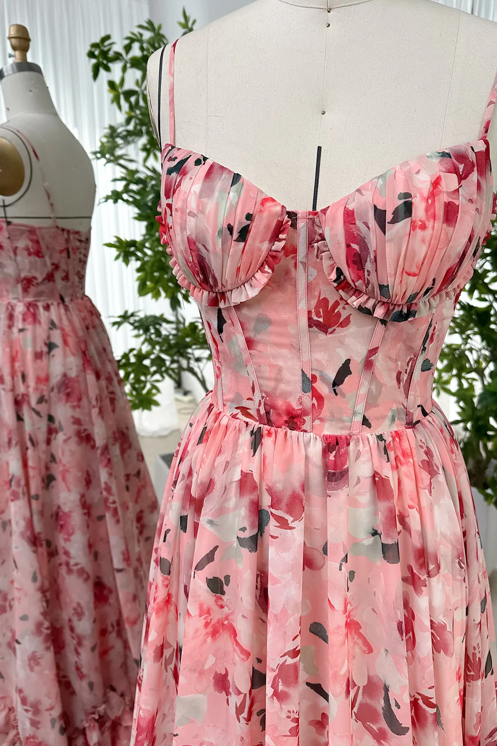 Spaghetti Straps Corset Floral Chiffon Dress with Slit