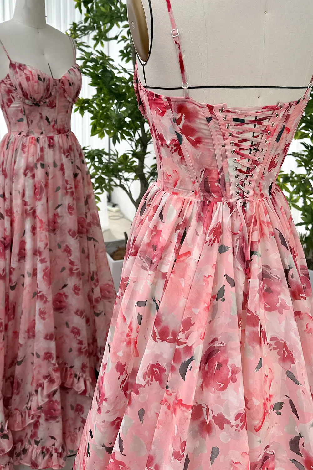 Spaghetti Straps Corset Floral Chiffon Dress with Slit