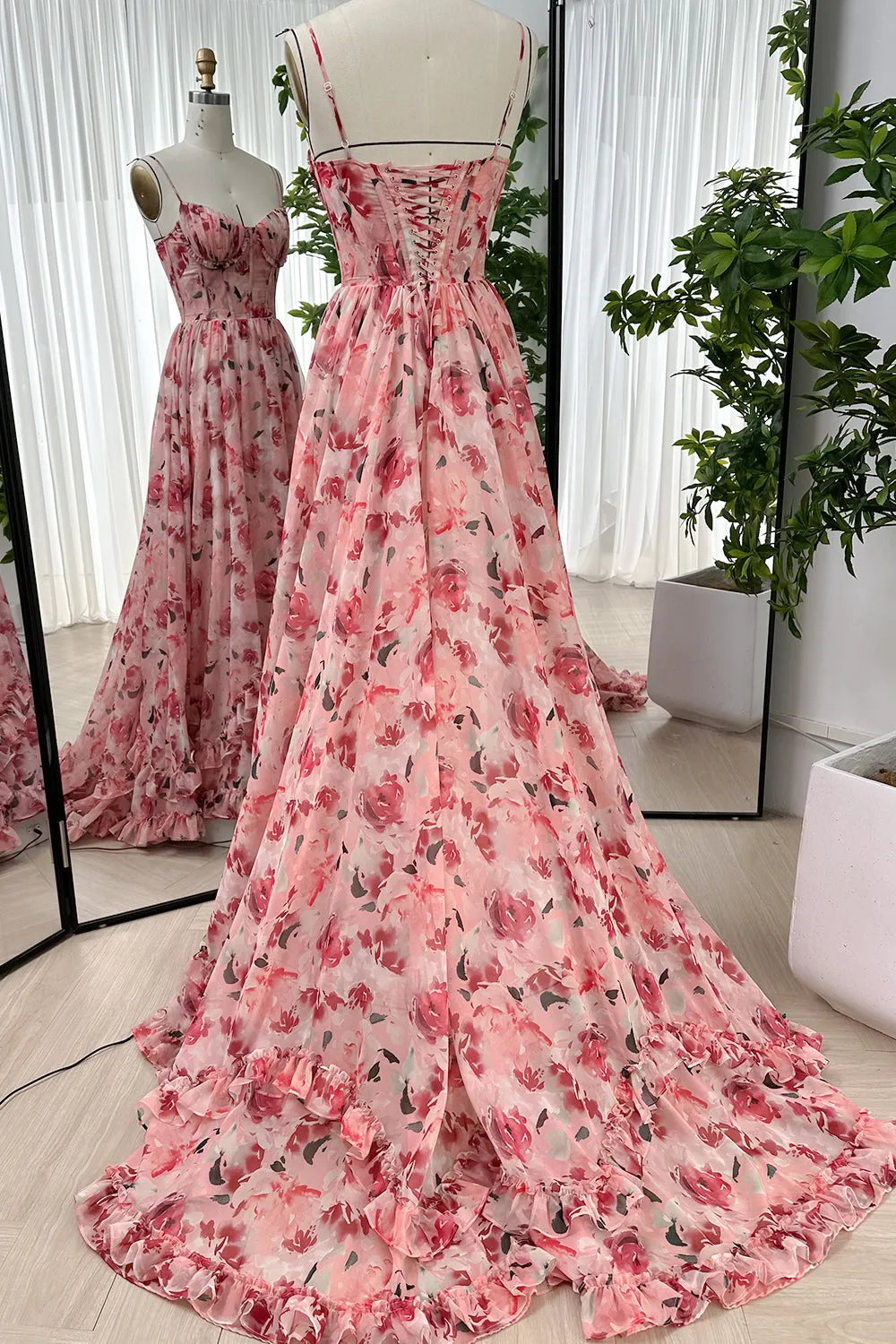 Spaghetti Straps Corset Floral Chiffon Dress with Slit