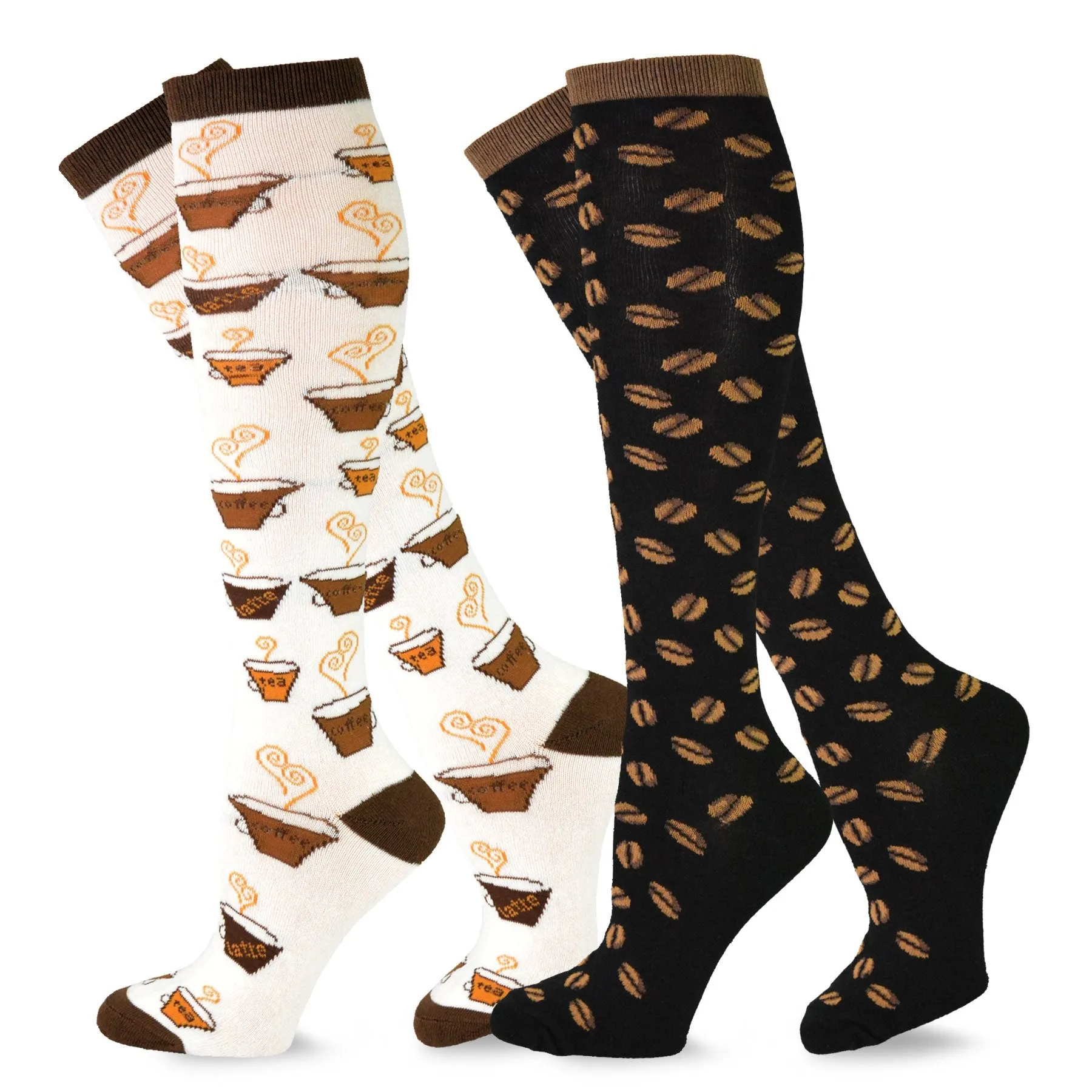 TeeHee Socks Women's Novelty Cotton Knee High Coffee 2-Pack (11428)