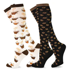 TeeHee Socks Women's Novelty Cotton Knee High Coffee 2-Pack (11428)