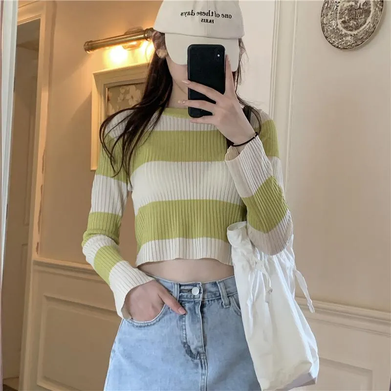 Women's Contrast Color Stripes Long Sleeved Kintted Tops