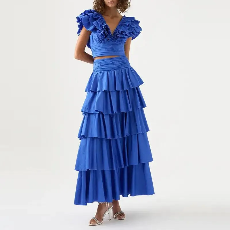 Women’s V-neck Lace Short Top High Waist Cake Layer Dress Suit
