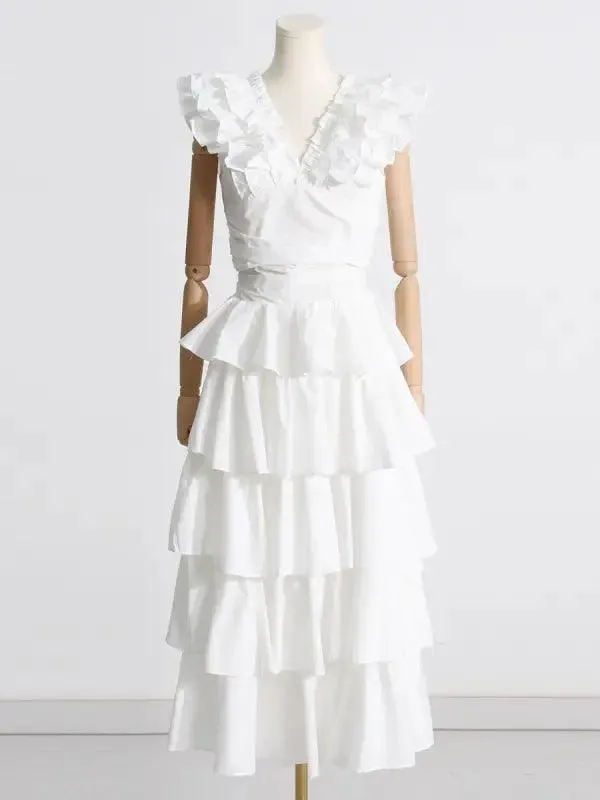 Women’s V-neck Lace Short Top High Waist Cake Layer Dress Suit