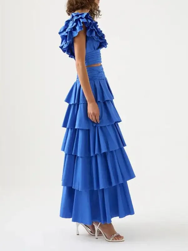 Women’s V-neck Lace Short Top High Waist Cake Layer Dress Suit