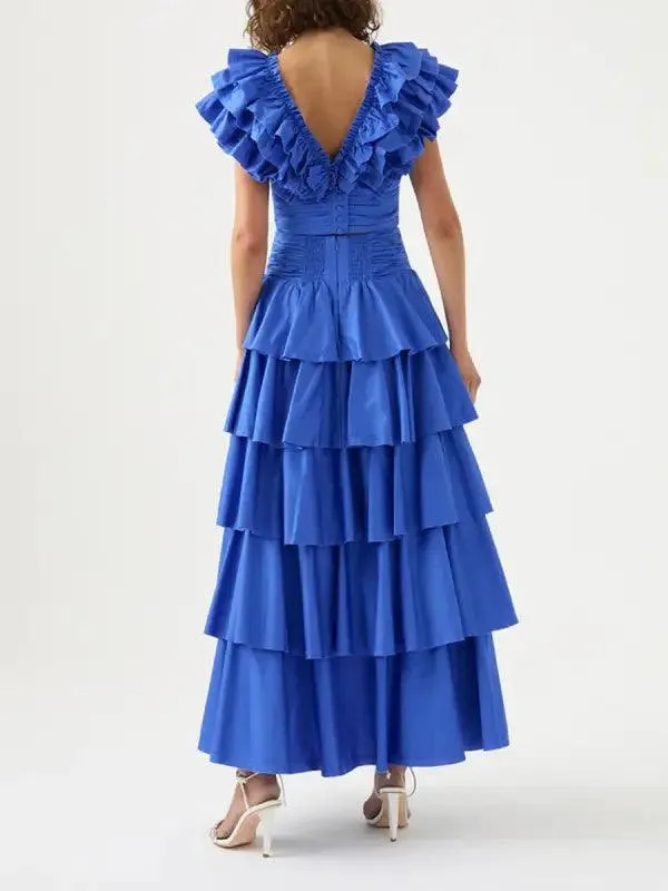 Women’s V-neck Lace Short Top High Waist Cake Layer Dress Suit