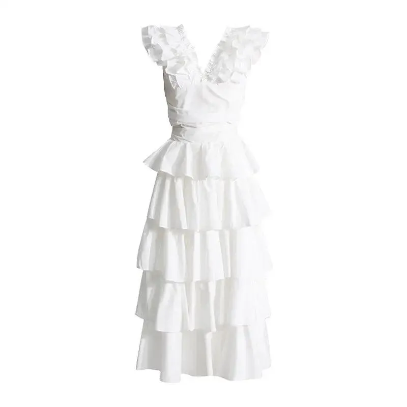 Women’s V-neck Lace Short Top High Waist Cake Layer Dress Suit