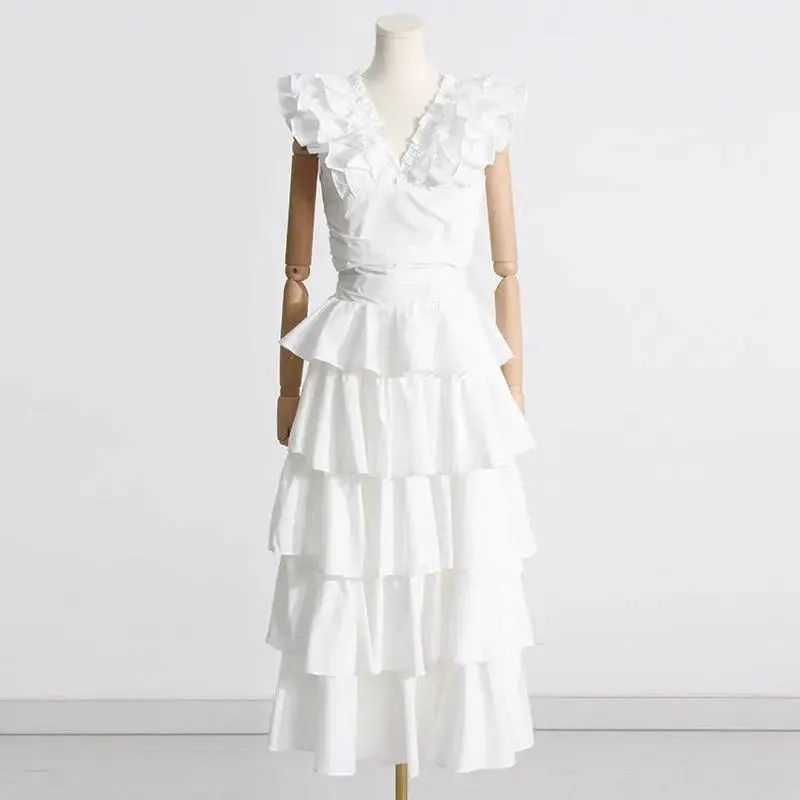 Women’s V-neck Lace Short Top High Waist Cake Layer Dress Suit